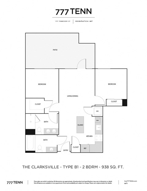 Floor plan for 2 beds, 2 baths, 938 sqft